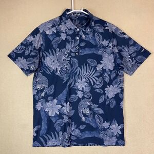 Bad Birdie Men's L Blue Floral Tiger Print Golf Polo Shirt 4 Way Stretch UPF 50+